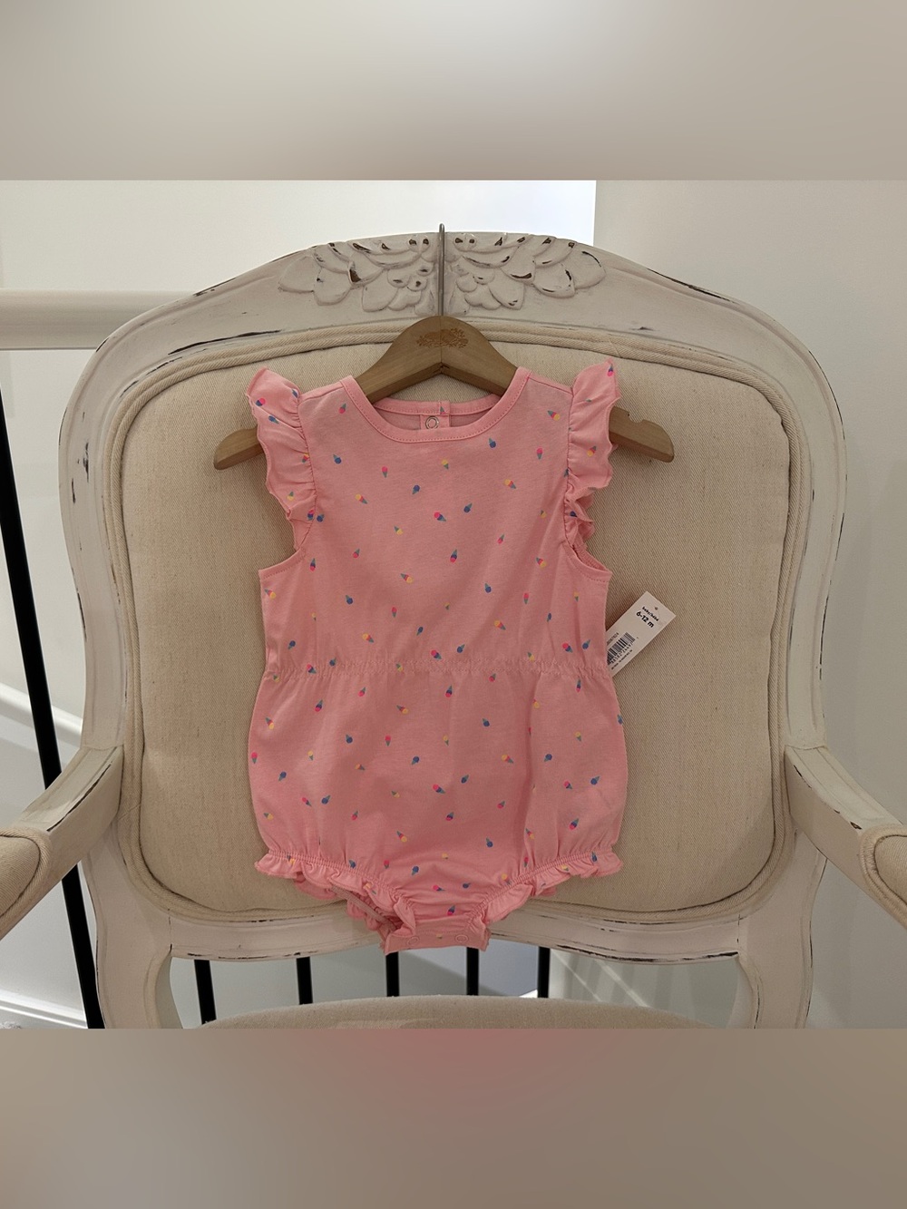🍦 6~12 Mth Pink Ruffled Baby Girl One-Piece Romper - Ice Cream Pattern NWT - Picture 8 of 10